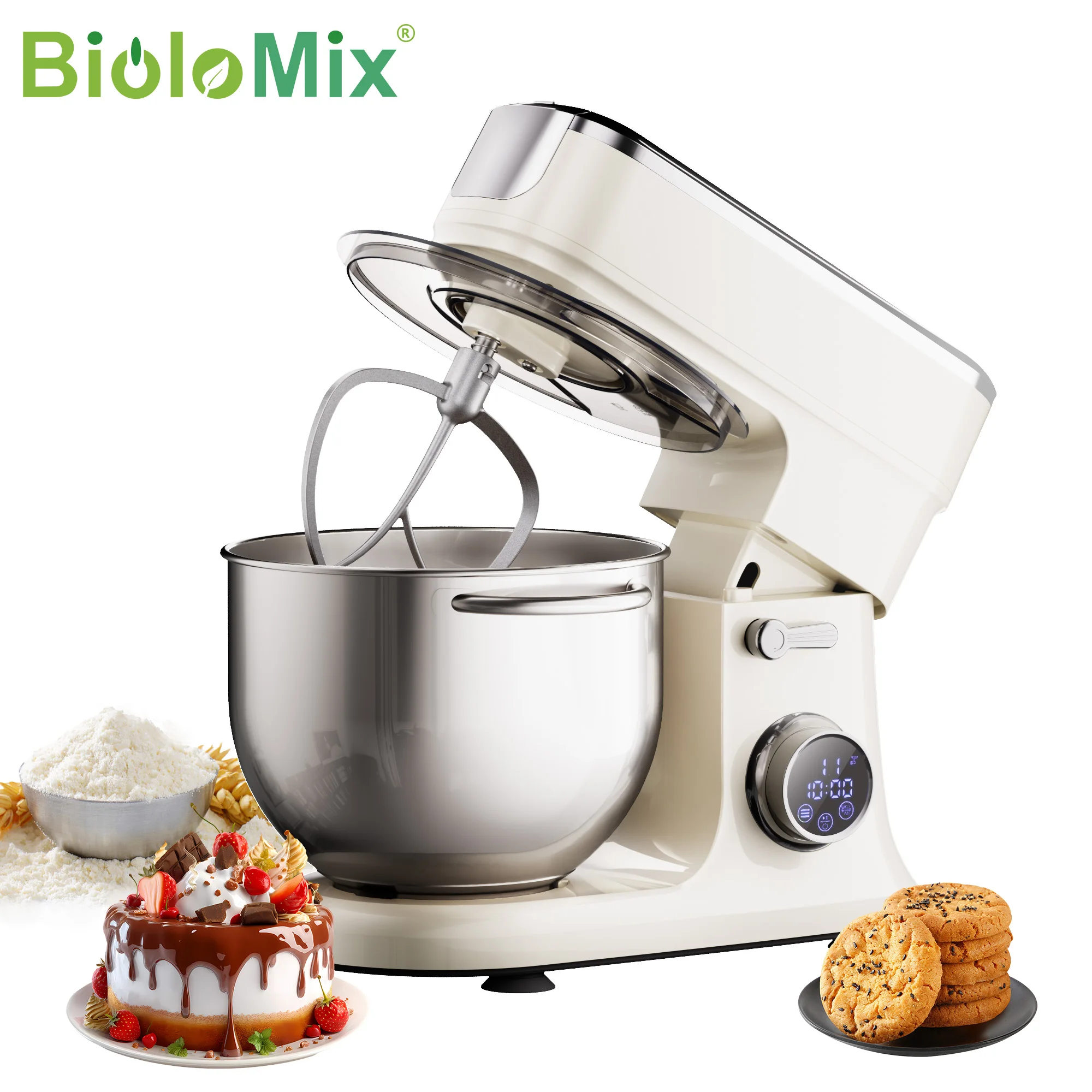 BioloMix 7L Staande Mixer 1200W DC Motor – Robuuste keukenmixer voor het bakken van brood & gebak – Inclusief deeghaak, garde, klopper & vleesmolen accessoire
