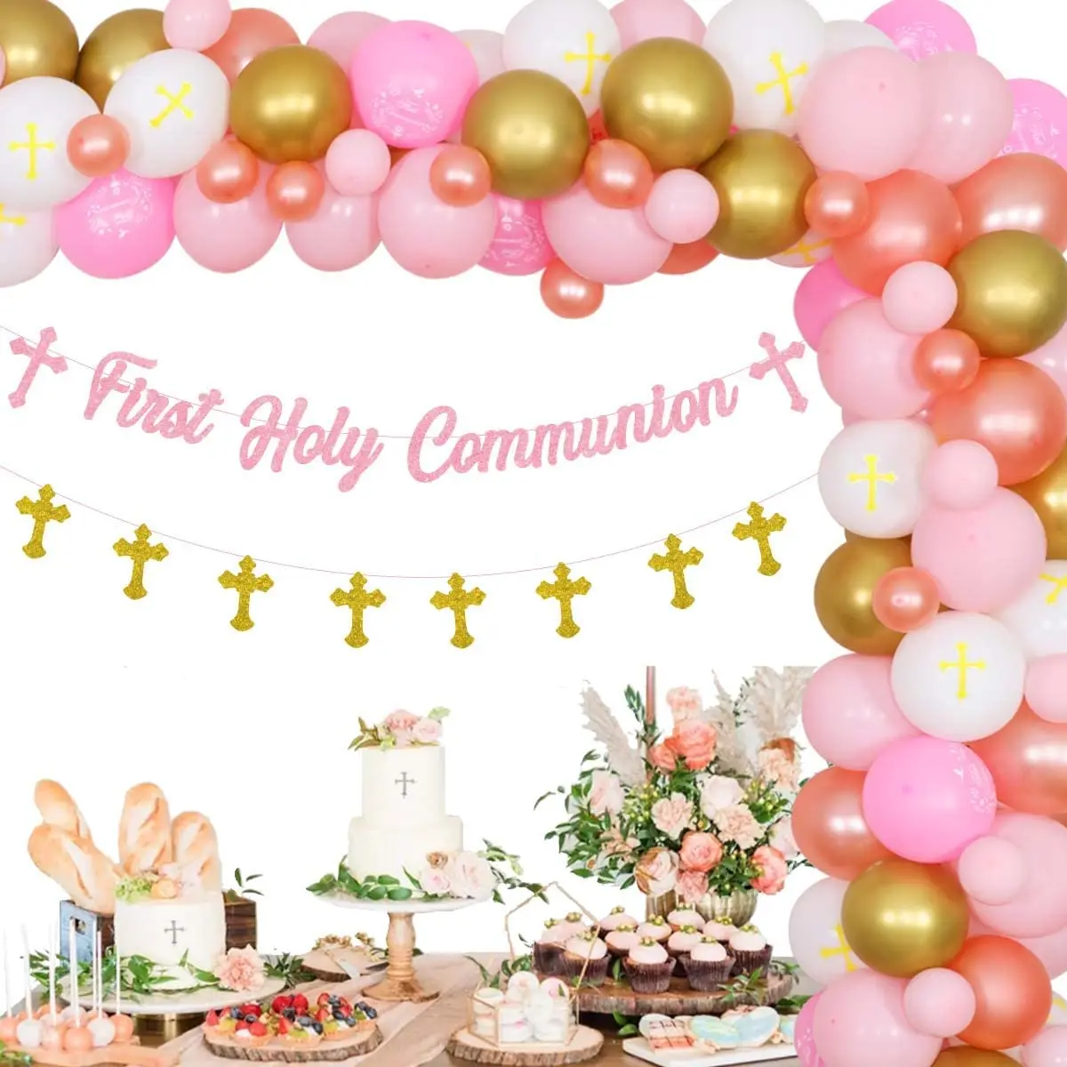 Sursurprise-Christening Party Decorations for Girls, Pink Baptism Balloon, Garland Arch Kit with First Holy Communion Banner