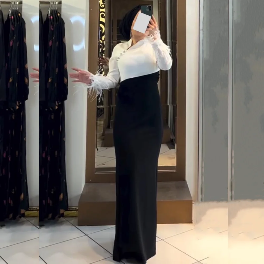 

Customized Jersey Rhinestone High Collar FeatherTrumpet Long Dresses Bespoke Occasion Prom Women's Evening Elegant Party Wedding