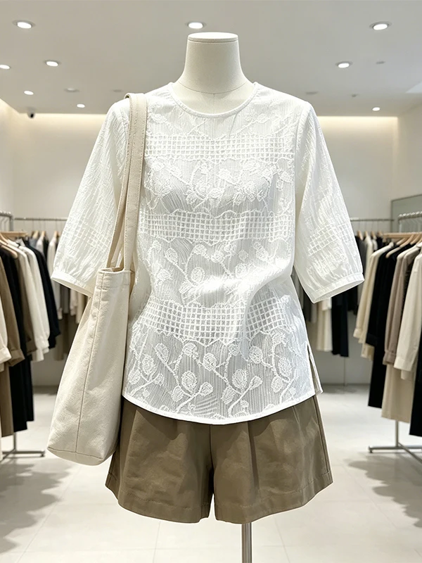 

Summer Thin Embroidered Loose Top And Five-Point Shorts Set Casual Korean Style plus Size Women's Fashion Ensemble