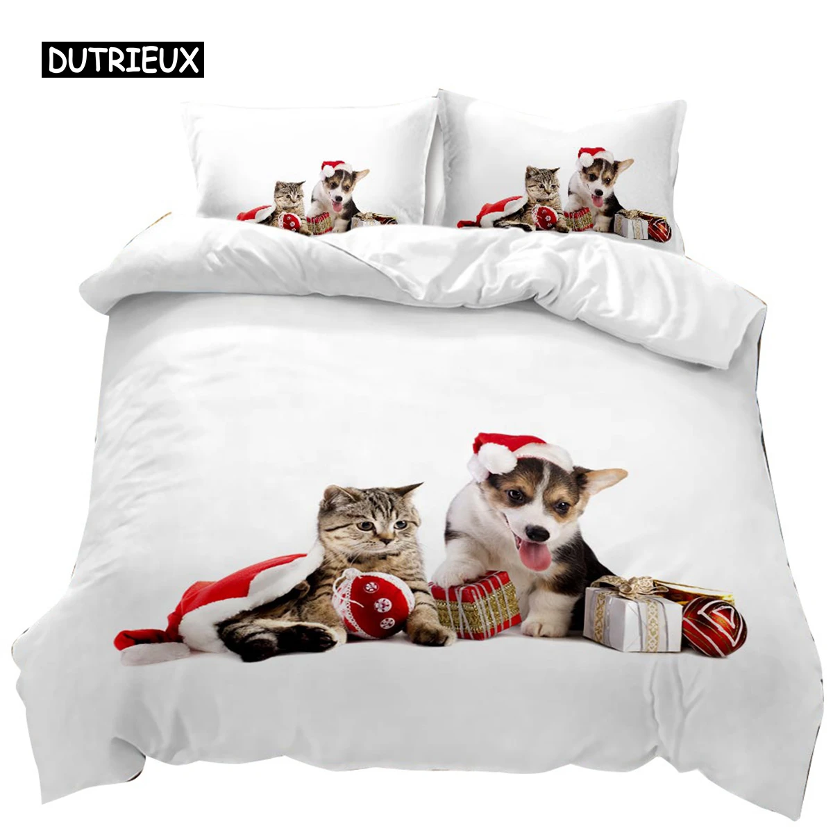 

Cat Duvet Cover Cats and Dogs Play Christmas Animal Pet Bedding Set for Kids Teens Double Queen King Size Polyester Qulit Cover