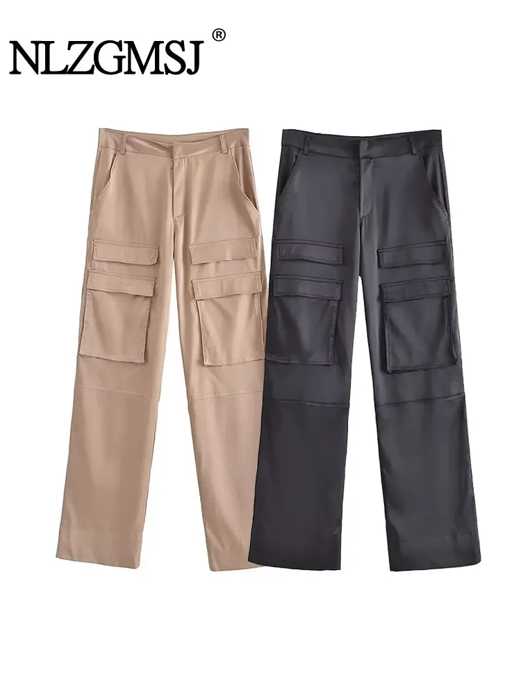 

Nlzgmsj TRAF Women Fashion With Pockets Satin Cargo Pants Vintage High Waist Zipper Fly Female Trousers Mujer