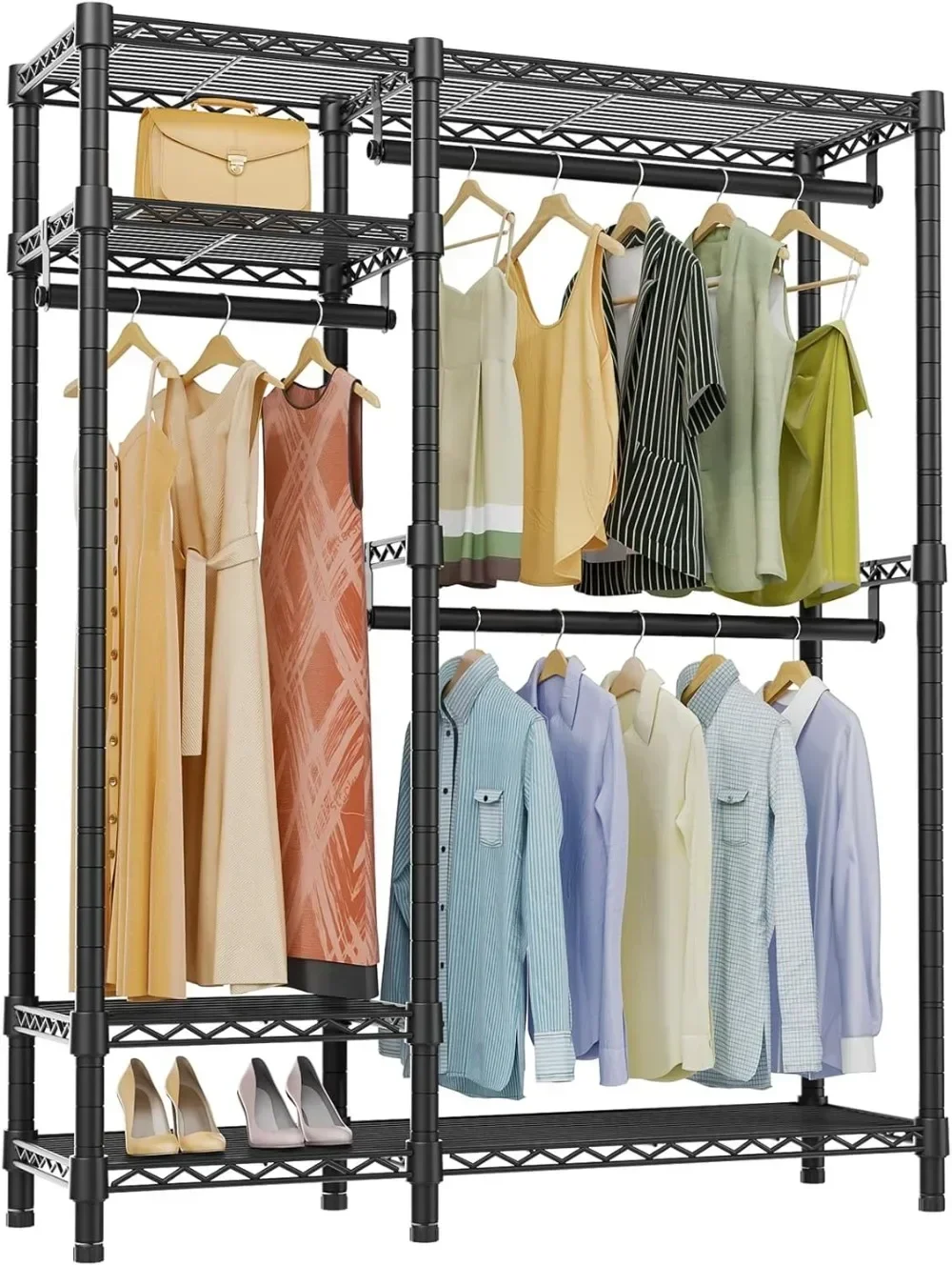 

Garment Rack Heavy Duty Commercial Grade Rack, 4 Tiers Adjustable Wire Shelving Clothing Racks with 3 Hanging Rods