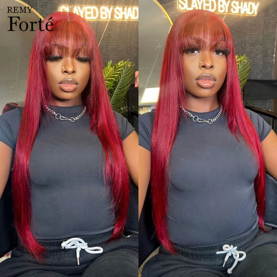 

99J Colored Human Hair Wigs With Bangs Burgundy Brazilian Hair Wig With Bangs 180% Density Full Machine Made Human Hair Wigs