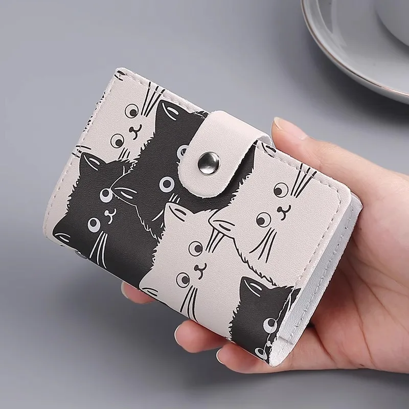 Cute Cat Pattern Card Holder Snap Button Mini Wallet Multi Card Slots Portable Card Organizer Black White
