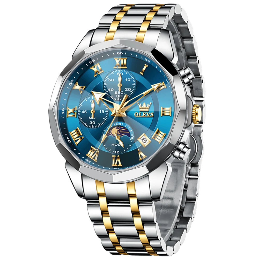 Men's Multi-function Chronograph Watch OLEVS Moon Phase Date Calendar Roman Markers Stainless Steel Band Wristwatch Relogio