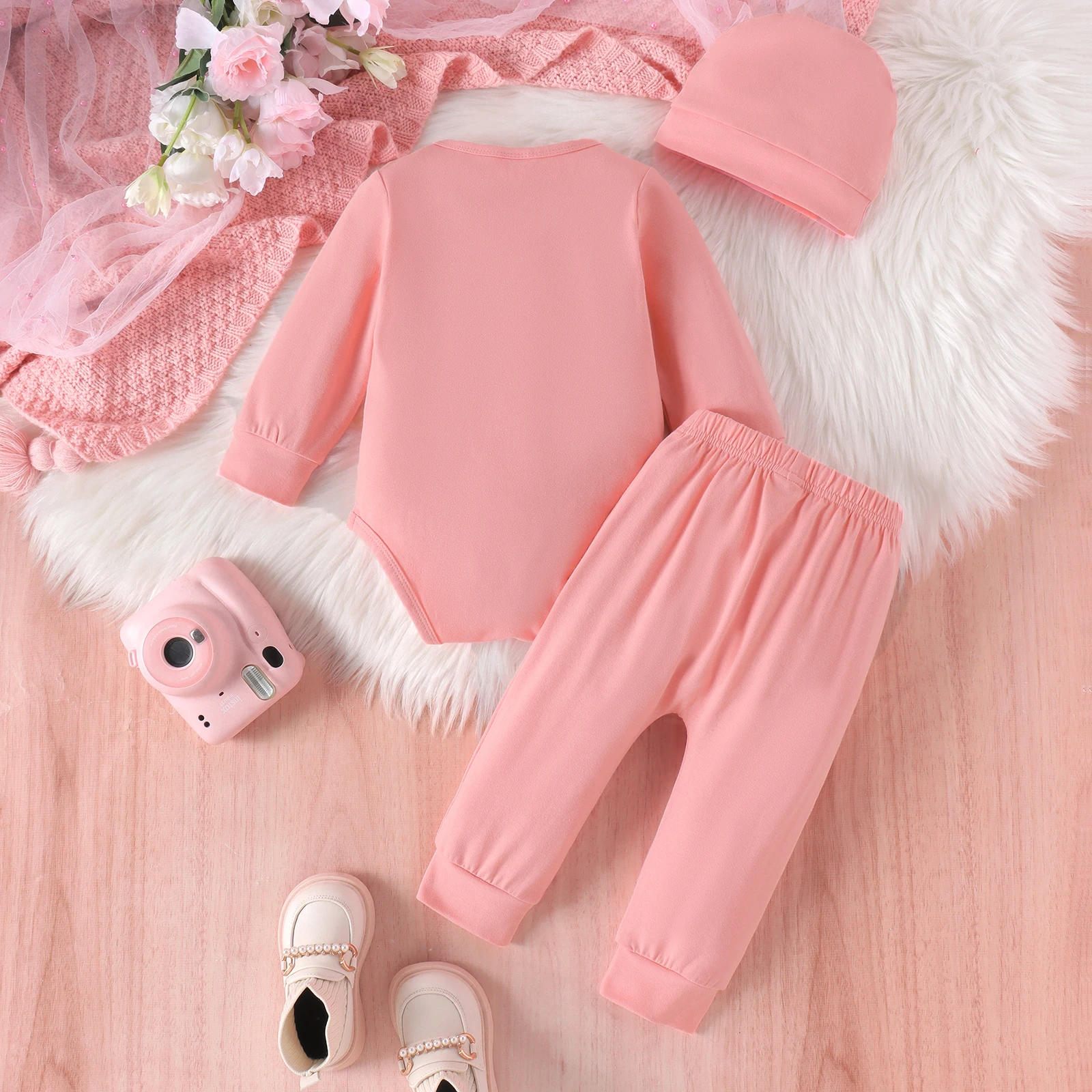 3PCS Autumn New Style For Newborn Girls Aged 0-1 Years Old Simple Casual Round Collar Pink Long-Sleeved Hat + Trousers + Hat