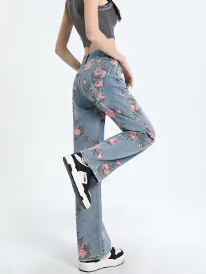 Large Size American Floral Loose Fitting Wide Leg Jeans for Women New High-quality Korean Street Casual Straight Leg Mop Pants