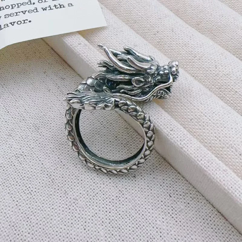 New Chinese Dragon Ring S925 Sterling Silver Retro Three-Dimensional Personality Men's Trend Conspicuous Punk Style Silver Ring