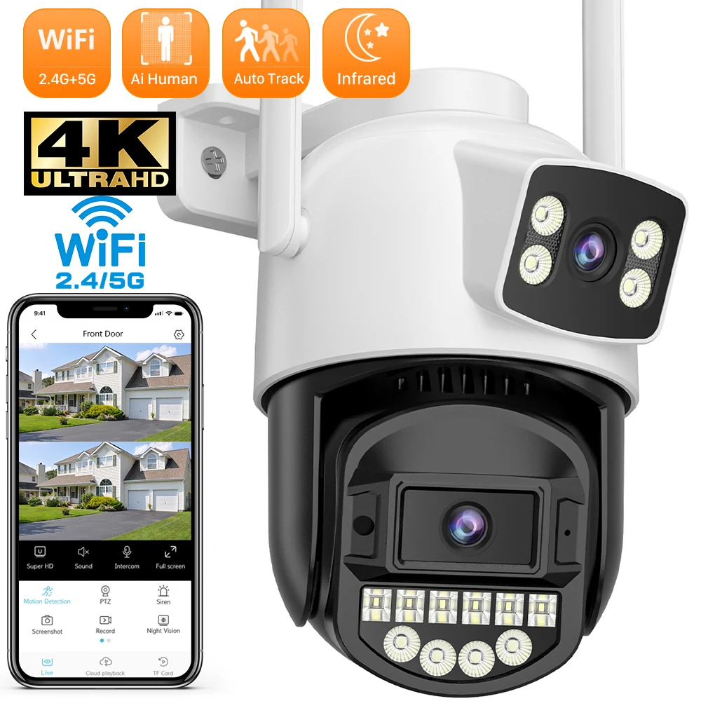 

8MP 2.4G/5Ghz PTZ Wifi Surveillance Camera Dual Lens Dual Screen HD 10MP 5K Ai Human Detect Auto Tracking Support Onvif O-KAM