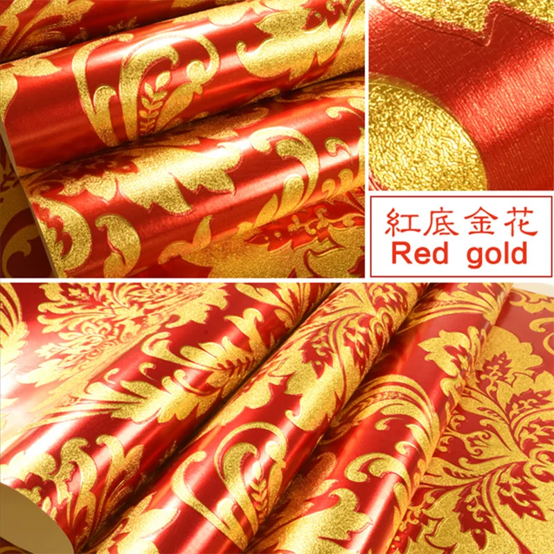 Extra Wide 53x950cm Traditional Damask Wall Covering, Non-Peel Gold 3D Design, Waterproof for TV Backdrop Bar Wall