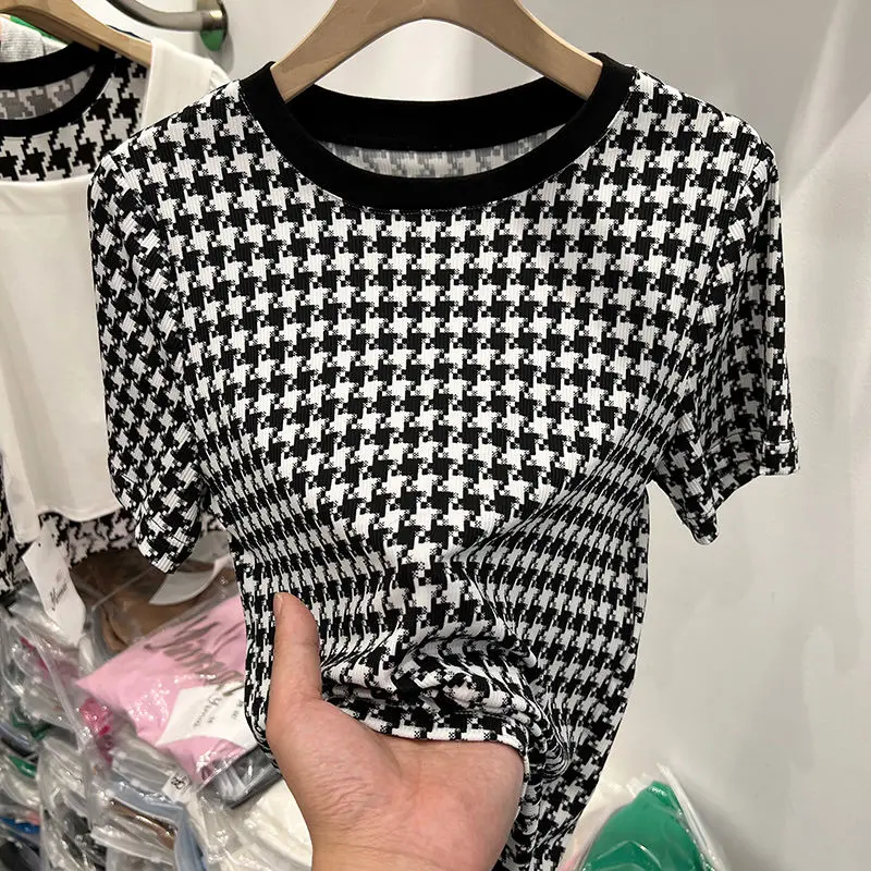 

T shirt female houndstooth plaid short-sleeved T-shirt women new loose and thin all-match Western-style o neck t shirt female