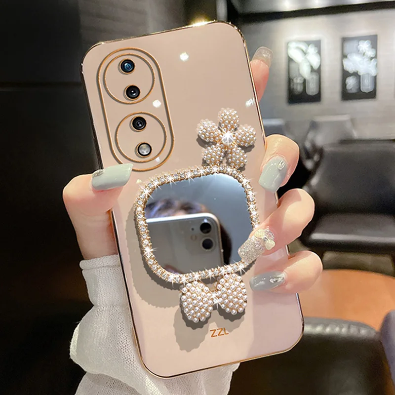 

Bling Square Mirror Case For Honor X9 50 70 X8 4G X7 X7A 10 30 20 20i 10i 30i Lite Pearl Bow Glitter Bling Plating Cover Caqa