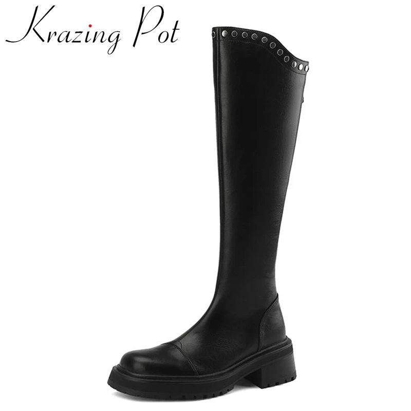 

Krazing Pot Full Grain Leather Square Toe Thick High Heels Riding Boots Waterproof Rivets Zip Joker Gentlewomen Thigh High Boots