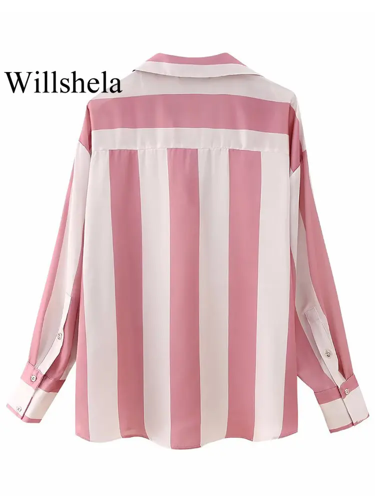 Willshela Women Fashion Satin Striped Single Breasted Loose Blouse Vintage Lapel Neck Long Sleeves Female Chic Lady Shirts