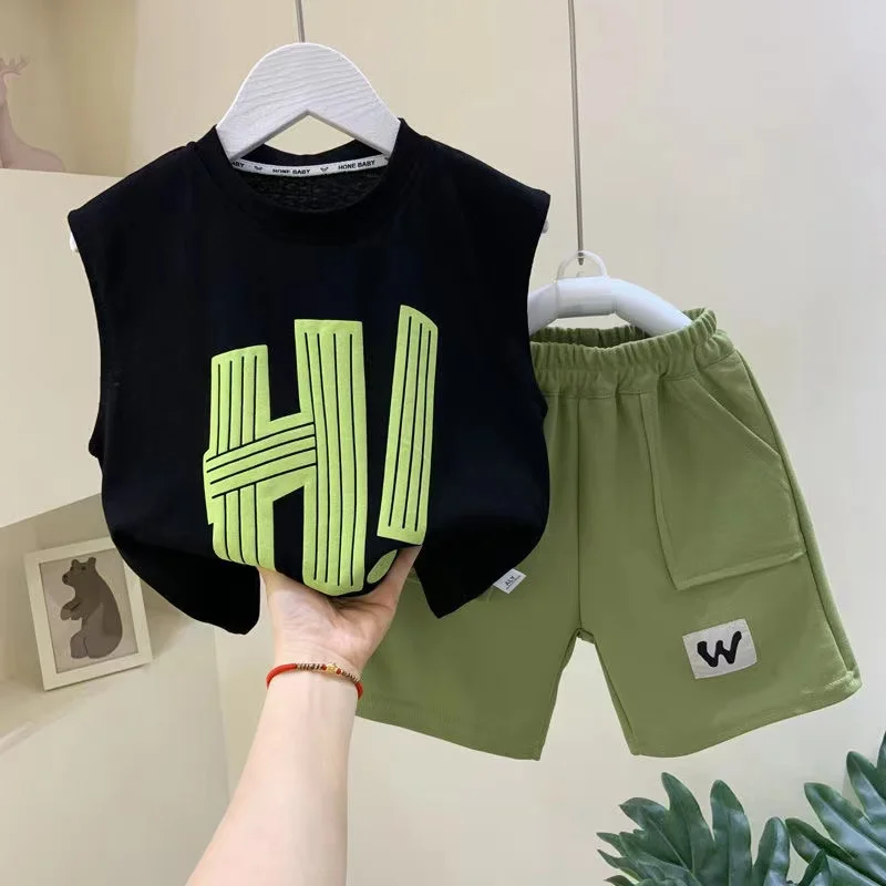 

Fashion Summer Boutique Baby Boy Outfits New Letter Sleeveless Vest Tops+Army Green Pocket Shorts 2pcs Kids Football Tracksuit