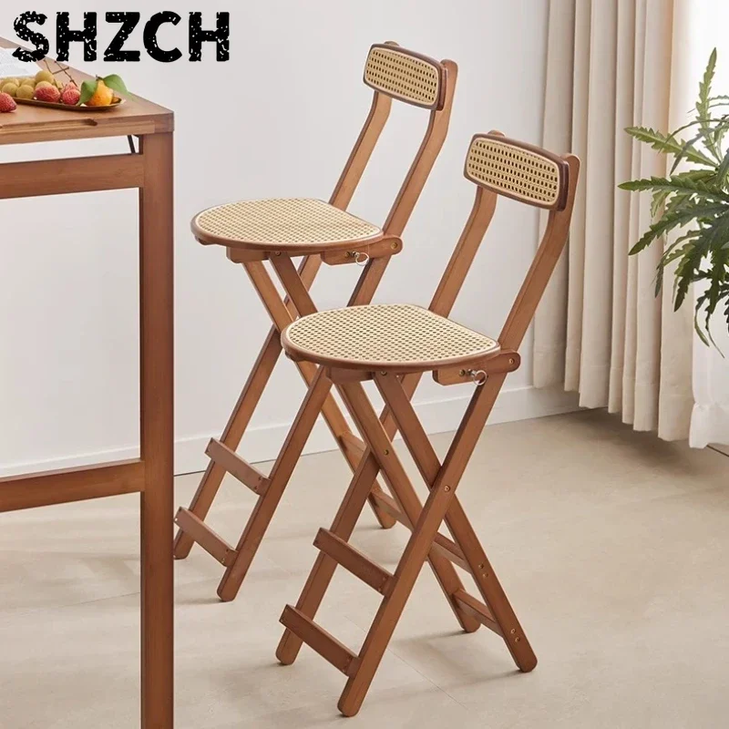 Foldable Bar Stool Rattan Weaving Counter Chair with Backrest Bamboo Cafe Stool for Home & Coffee Shop Space-Saving Dining Seat