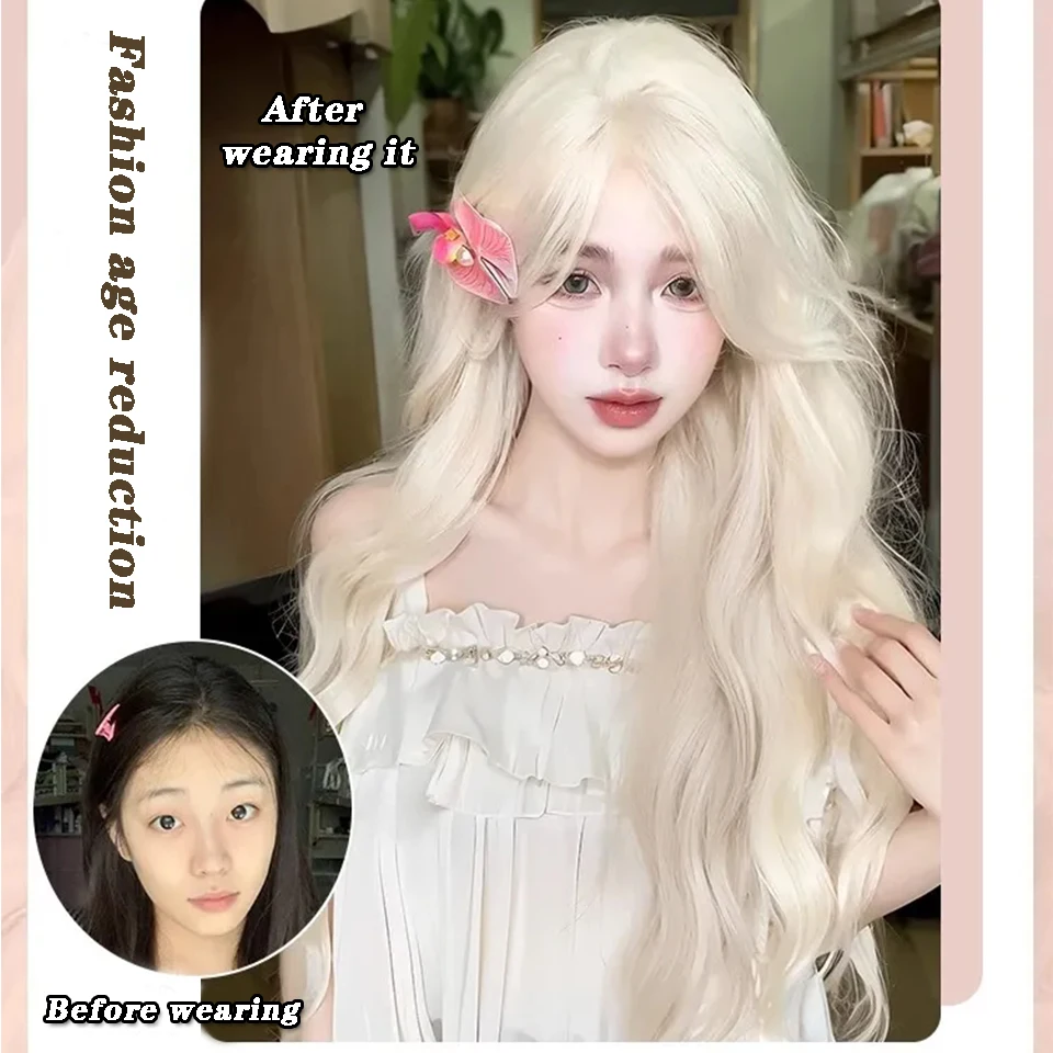 Synthetic Wigs Long-Haired Women With White Gold Hair Full Head Eight-Character Bangs Big Waves And Long Curly Hair Lolita Cospl