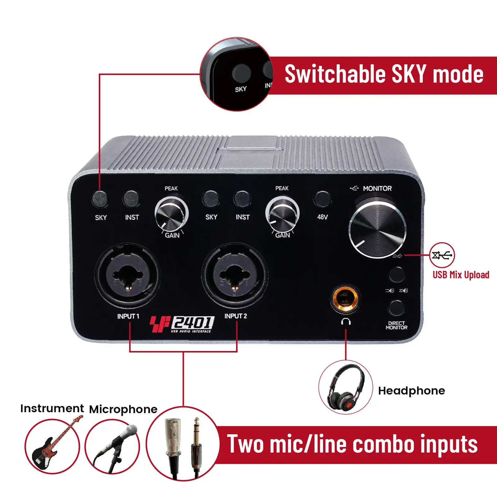 SF2401 USB Audio Interface Dual XLR 2 Mic For Recording Streaming Podcasting