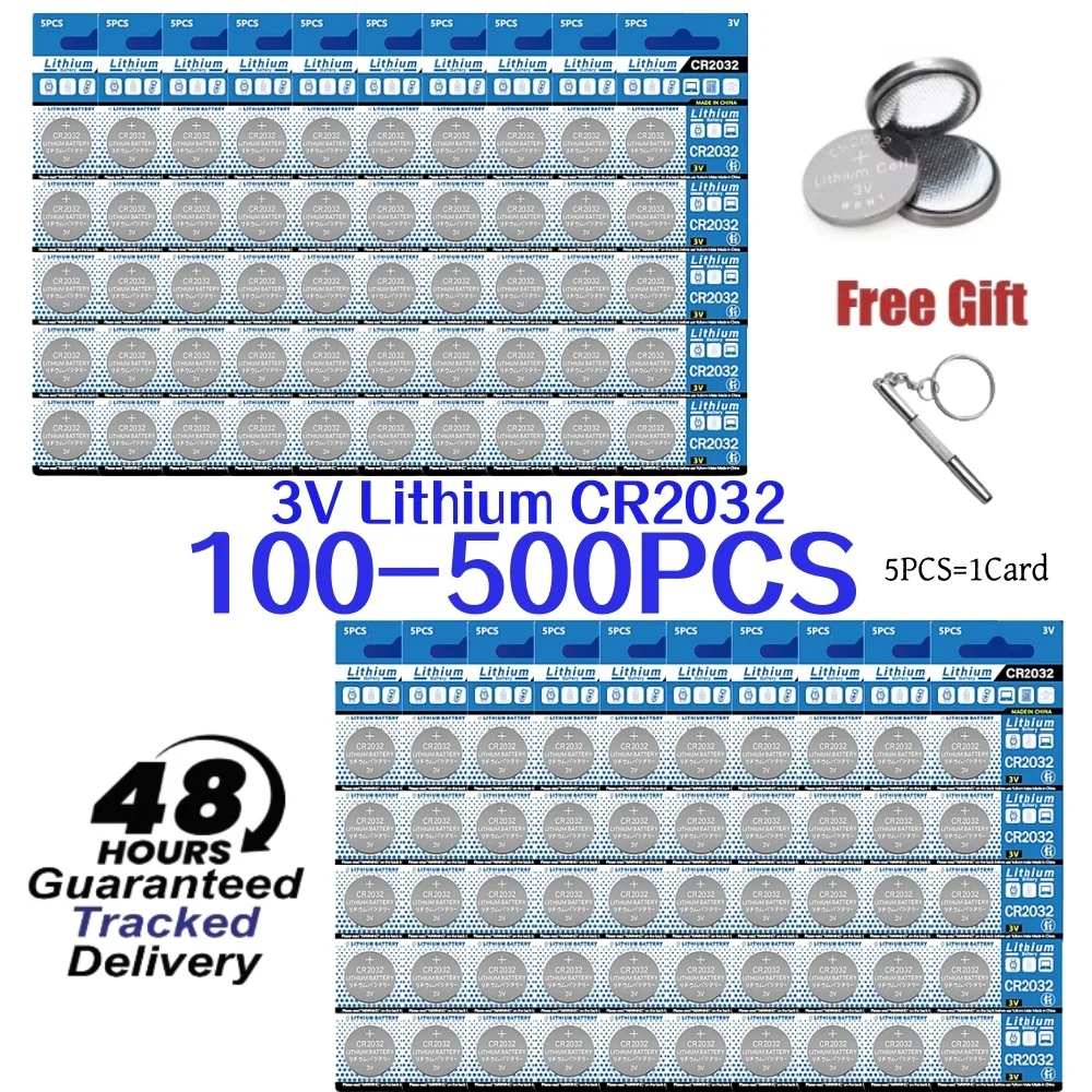 

100-500 шт. CR2032 3 В литиевые батарейки-таблетки — герметичные и высококачественные — совместимы с автомобильными брелоками, весами, пультами, часами