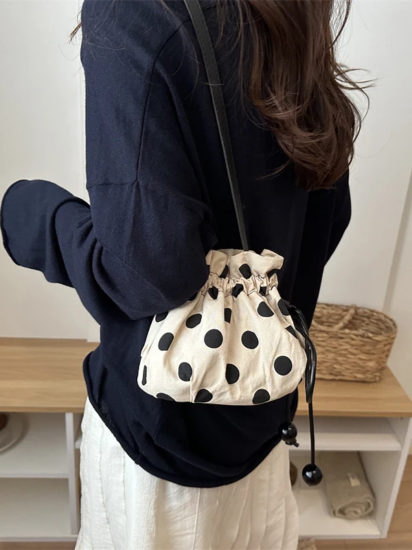 Chic Polka Dot Drawstring Bucket Bag  Cute Shoulder Bag High Aesthetic Value Fashionable Crossbody Bag for Young Women