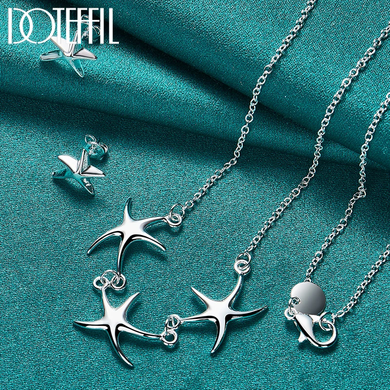 DOTEFFIL 2pcs 925 Sterling Silver Star Pendant Necklace Earring Set For Woman Man Wedding Engagement Party Jewelry