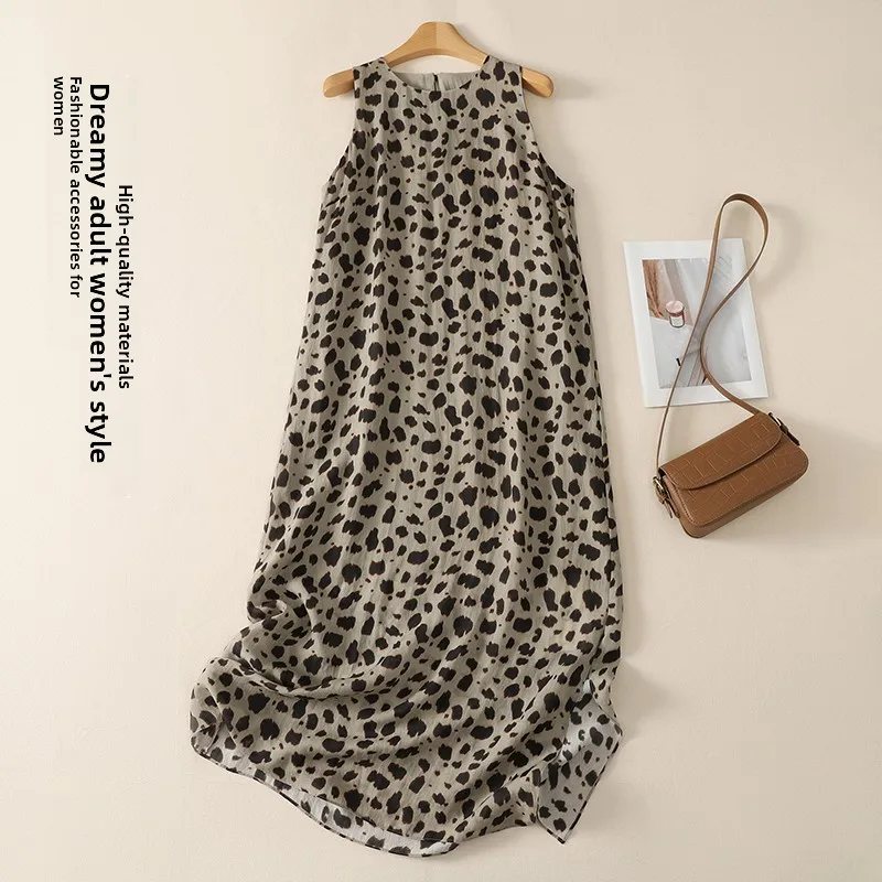 

Tiger Print Summer Dress Women's Loose Slimming Holiday Long Dress Thin Vest Knee-Length High Waist A-Line Cotton Blend Dress