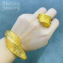 18K Gold Color Cuff Bangle Ring For Women Dubai Luxury Gold Plated Copper Bracelet Jewelry Nigerian African Party Wedding Gifts