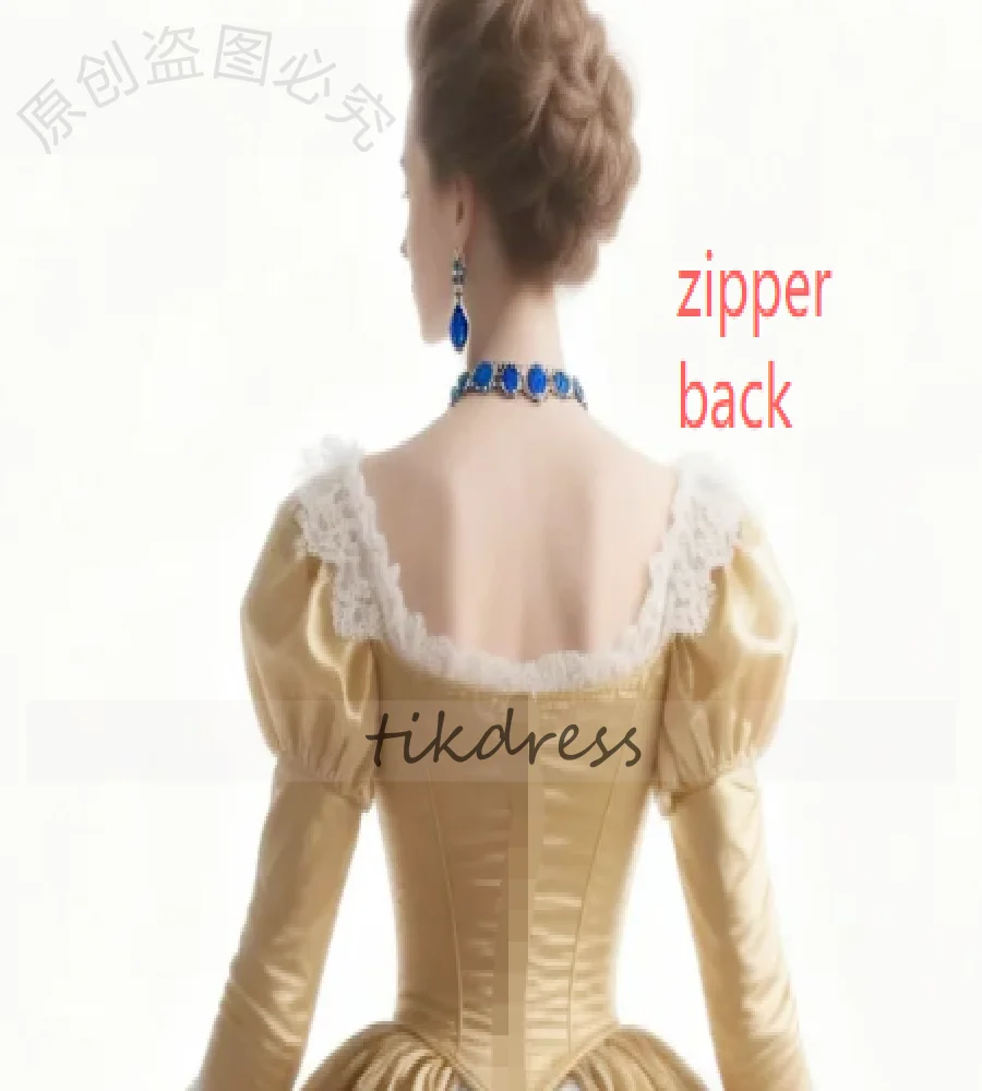 Historical Bustle Gold Evening Dress Long Sleeve Lace Victorian Prom Dress Enchanting Baroque Costume Stage Performance Formal