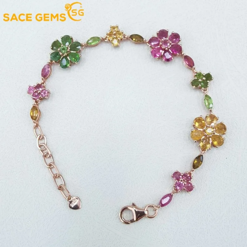 SACE GEMS New 925 Sterling Silver 4*5MM Natual Tourmaline Gemstone Bracelrts for Women Engagement Cocktail Party Fine Jewelry