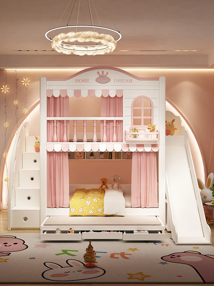 

Children's bed, boy's bed, double bed, same width, upper and lower bunk, high box, high height, high guardrail, castle,