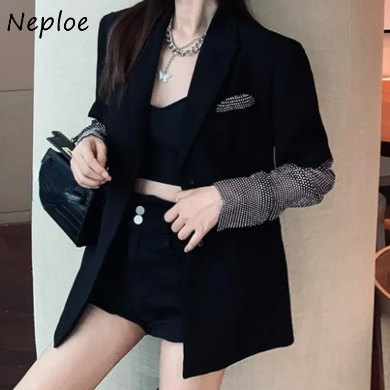 Neploe Autumn Winter V Neck Solid Color Coat Rhinestone Patchwork Long Sleeve Chaquetas Y2k Single-breasted Jaqueta Feminina