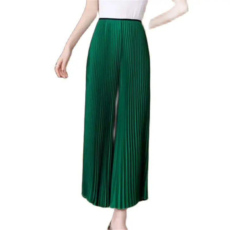 

Spring Summer Casual Trousers Women 2023 New Loose Mid-Waisted Pleated Wide-Leg Pants Pure Colour Stripe Nine-Tenth Pants Female