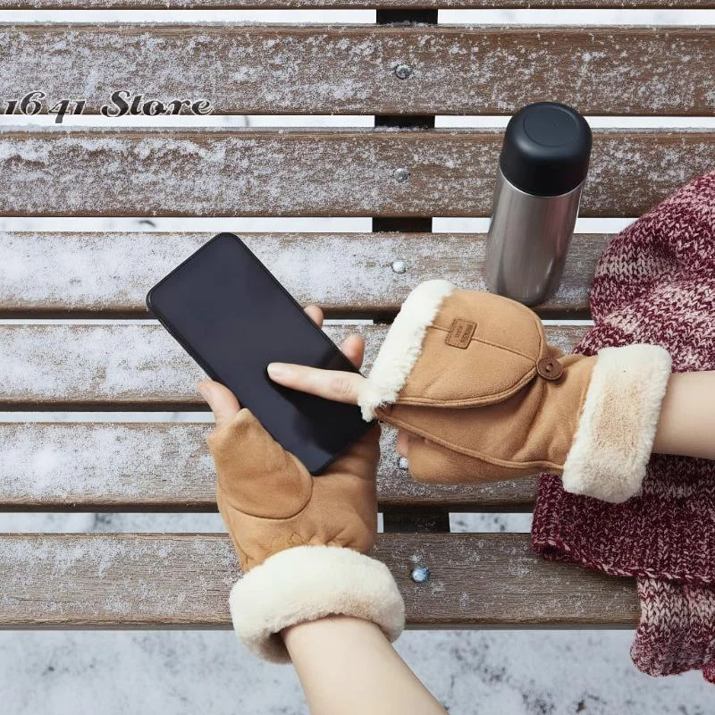 

Теплые перчатки для студенток, осенне-зимние, милые, с плюшевой подкладкой, толстые, с откидным верхом, для офиса, с сенсорным экраном, перчатки-трансформеры