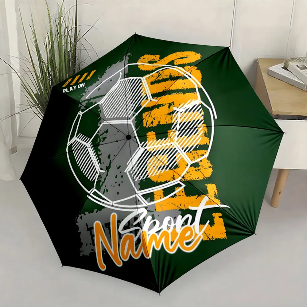 Custom Name Football-Themed Green Umbrella with Stylish Design Print 8 Iron Ribs Folding Umbrella, Auto-Open Fashion Sunshade