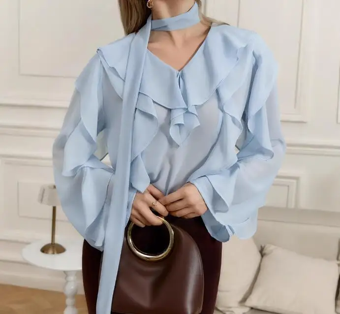 

Summer New Product Comfortable V-Neck Ruffle Long Sleeve Loose Shirt for Women Solid Color Design Sense Commuting Chiffon Top
