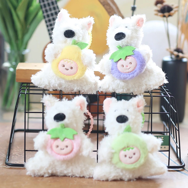 Lovely West Highland Plush Dog Holding Fruits Keychain Plush Pendant Cartoon Animal Dog Bag Decoration Pendant Car Keychain