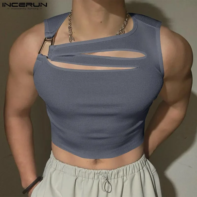 

INCERUN 2025 Men Tank Tops Hollow Out Solid Color Sleeveless Male Vests Sexy Streetwear Summer Knitted Fashion Crop Tops Men