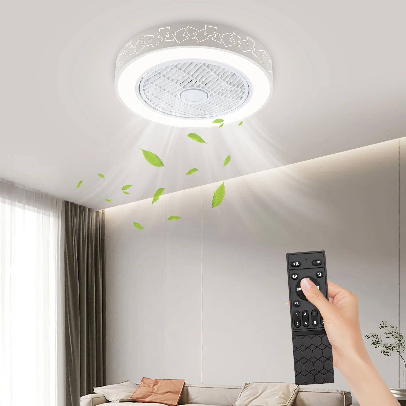 

50cm Modern Ceiling Fan Light Dimmable 6-speed Wind Remote Control LED LampRound for Bedroom Office White