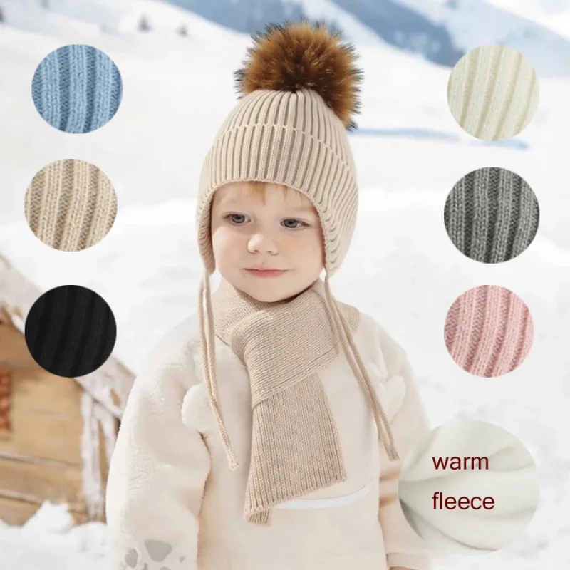 

Новая осенне-зимняя детская полосатая вязаная шапка-ушанка на флисовой подкладке для мальчиков и девочек, теплые шапки с шарфом из натурального меха енота