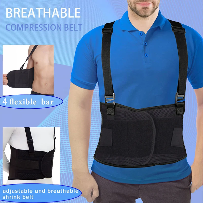 Work Back Brace Lower Back Pain Protection Belt Waist Trainer Lumbar Support Band with Shoulder Straps for Heavy Lifting Safety