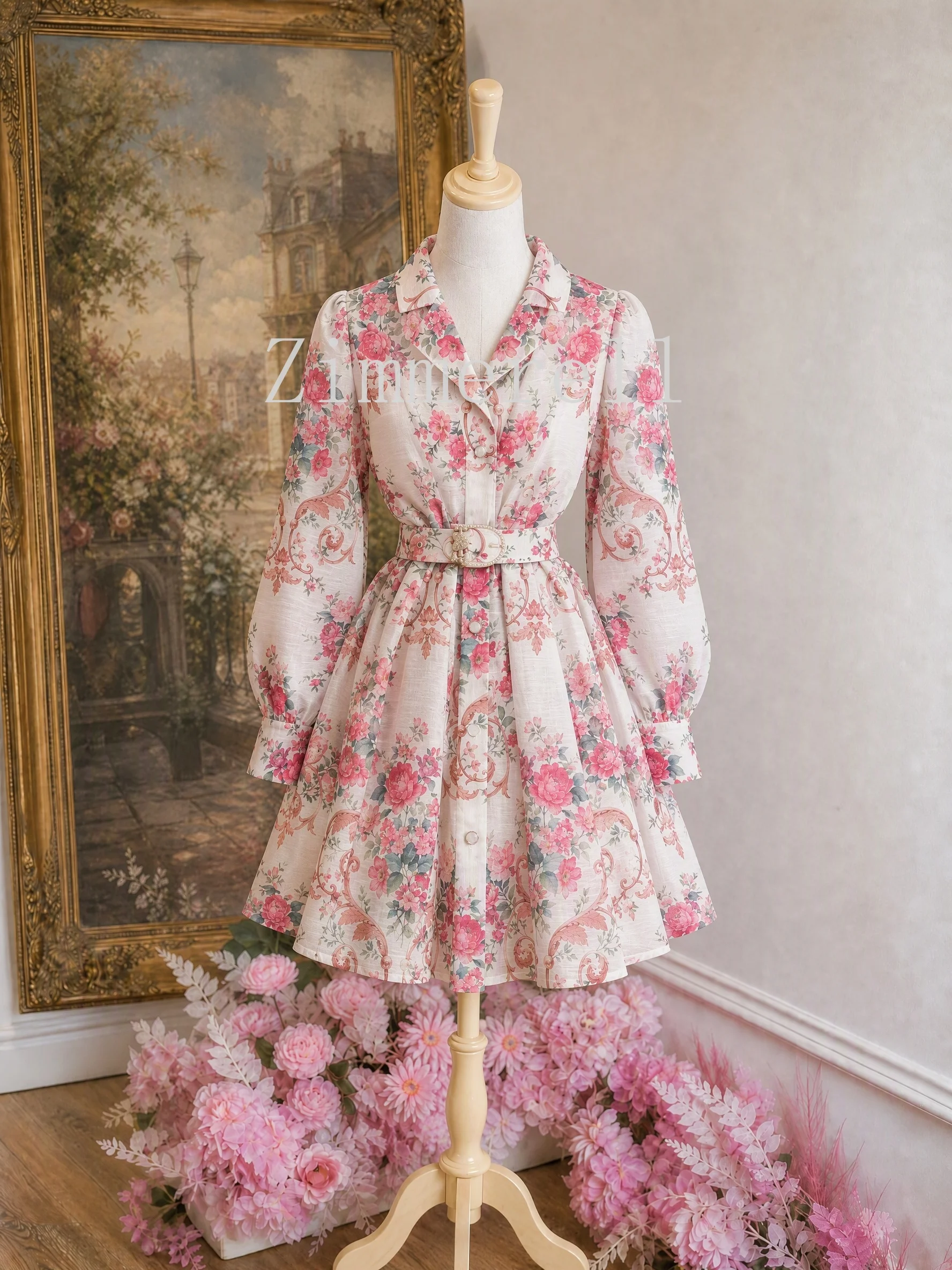 Summer French Palace Style Evening Dress Women Blazer Collar Single Breasted Belted Dress Elegant Vintage Vacation Printed Dress
