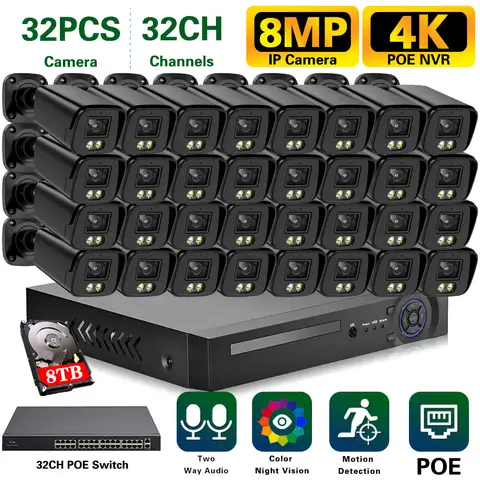 32 채널 NVR 키트 8MP POE CCTV 카메라 보안 시스템 키트 32CH 4K NVR 컬러 나이트 비전 비디오 감시 카메라 시스템 세트