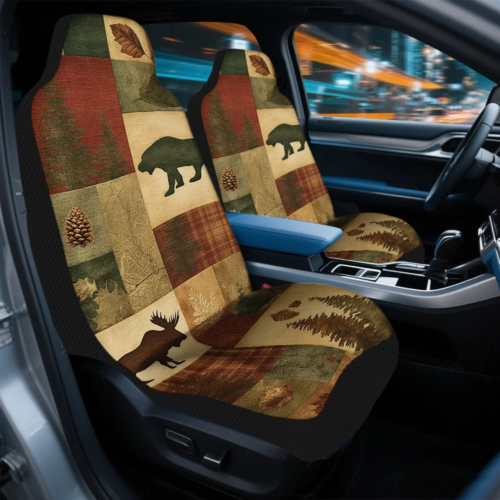 Set Of 2, Rustic Forest Animal Inspired Car Seat Covers – Complete Set Of Protectors For Front Seats, Universally Compatible, St