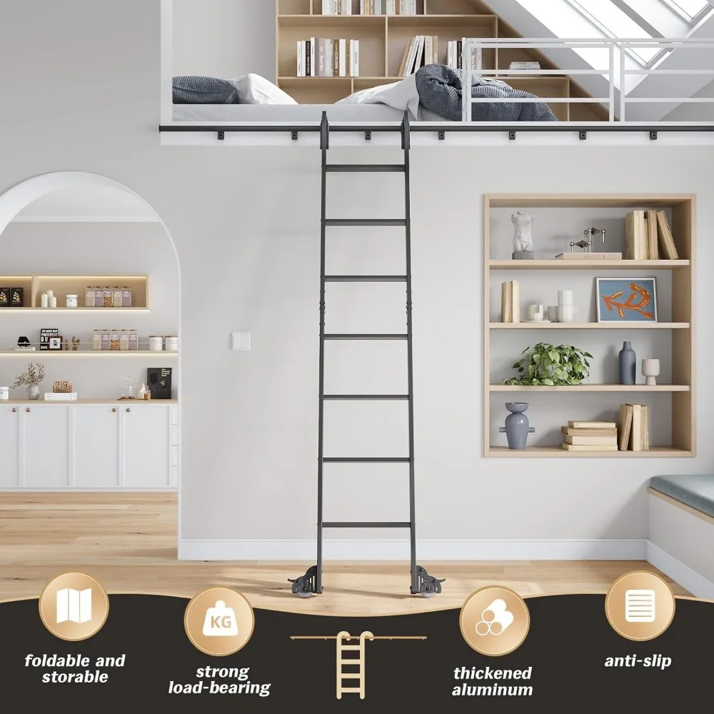 Aluminium 8-Foot Rolling Library Ladder with 4-Foot Sliding Hardware Track and Bottom Wheels for Kitchen and Loft Use