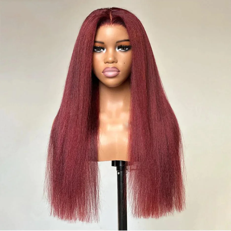 Yaki Soft Burgundy Kinky Straight  Transparent 99j Glueless Wine Full End Lace Front Wigs for Black Women Babyhair Preplucked