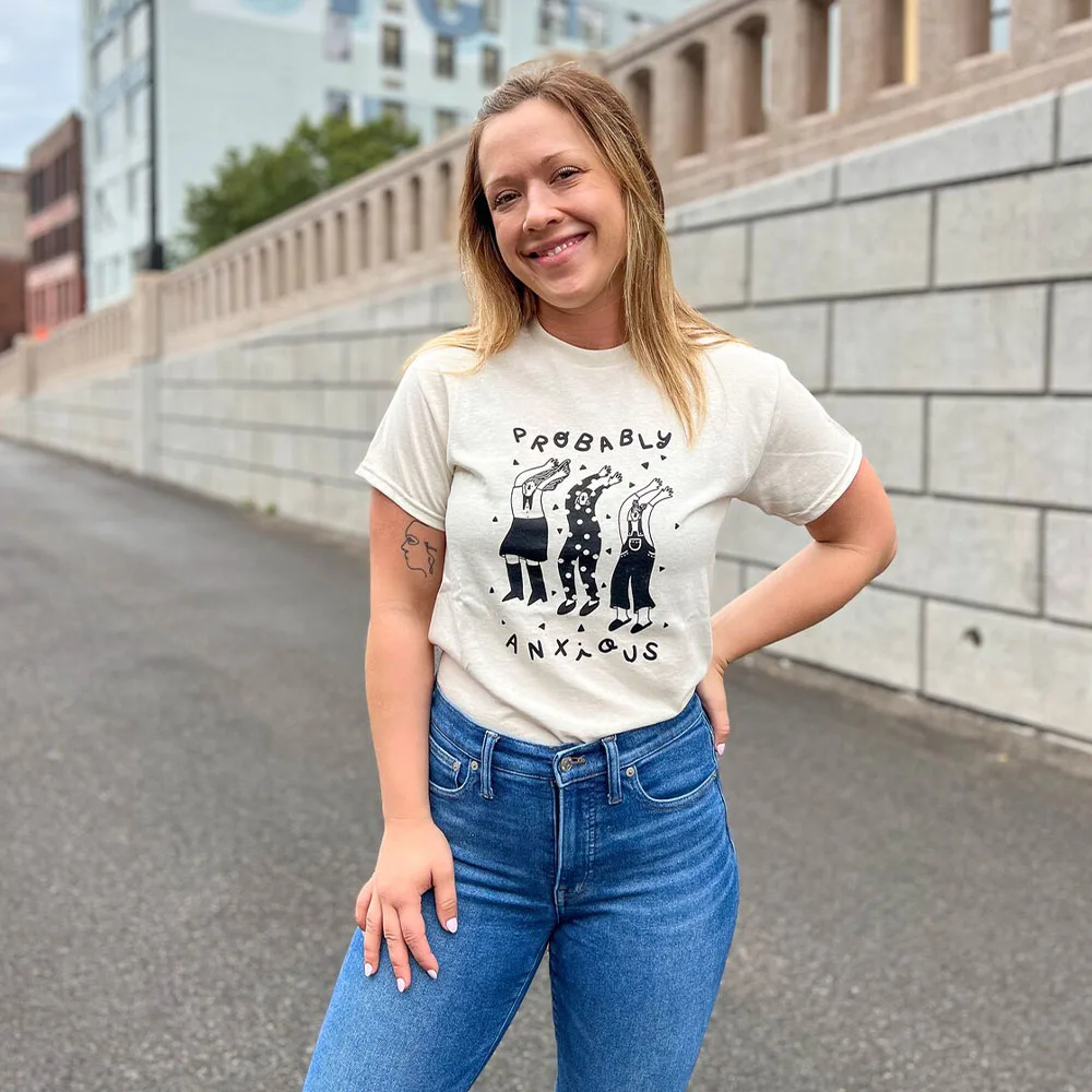 Probably Anxious Cartoon Printing Female Humor T Shirts Summer Khaki Short Sleeve 100% Cotton Tops Tumblr Fashion Aesthetic Tees