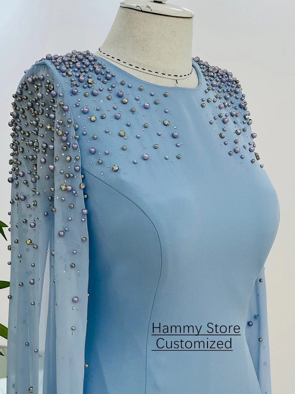 Abito da sera arabo personalizzato Abito da ballo Elegante girocollo maniche lunghe Perle Perline Abiti da festa arabi sauditi