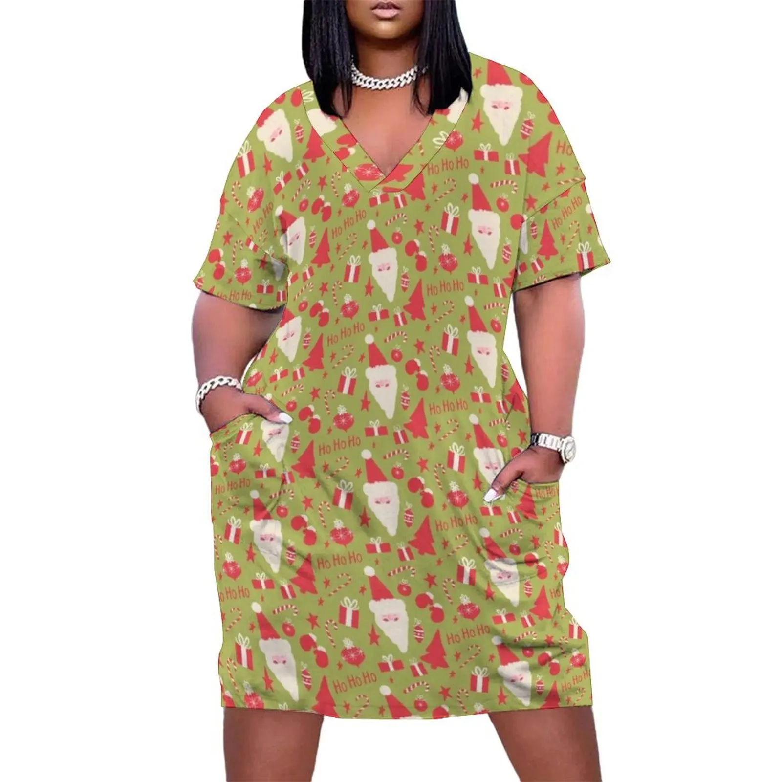 

Red and White Retro Santa Pattern on Green Loose Pocket Dress Women long dress evening dresses women