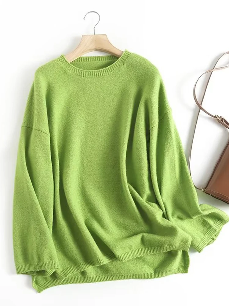 

YENKYE Autumn Women Green Loose Knit Sweater Flare Sleeve O Neck Female Pullover Casual Jumpers